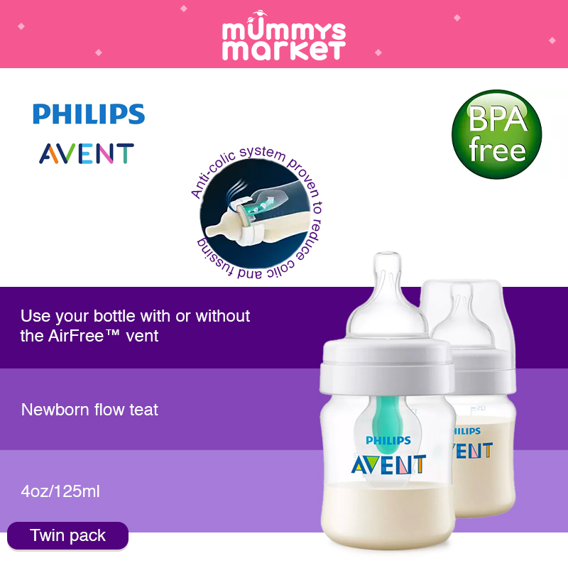 Philips Avent 125ml Anti-Colic PP Bottles with Airfree Vent (Twin Pack) SCF810/24